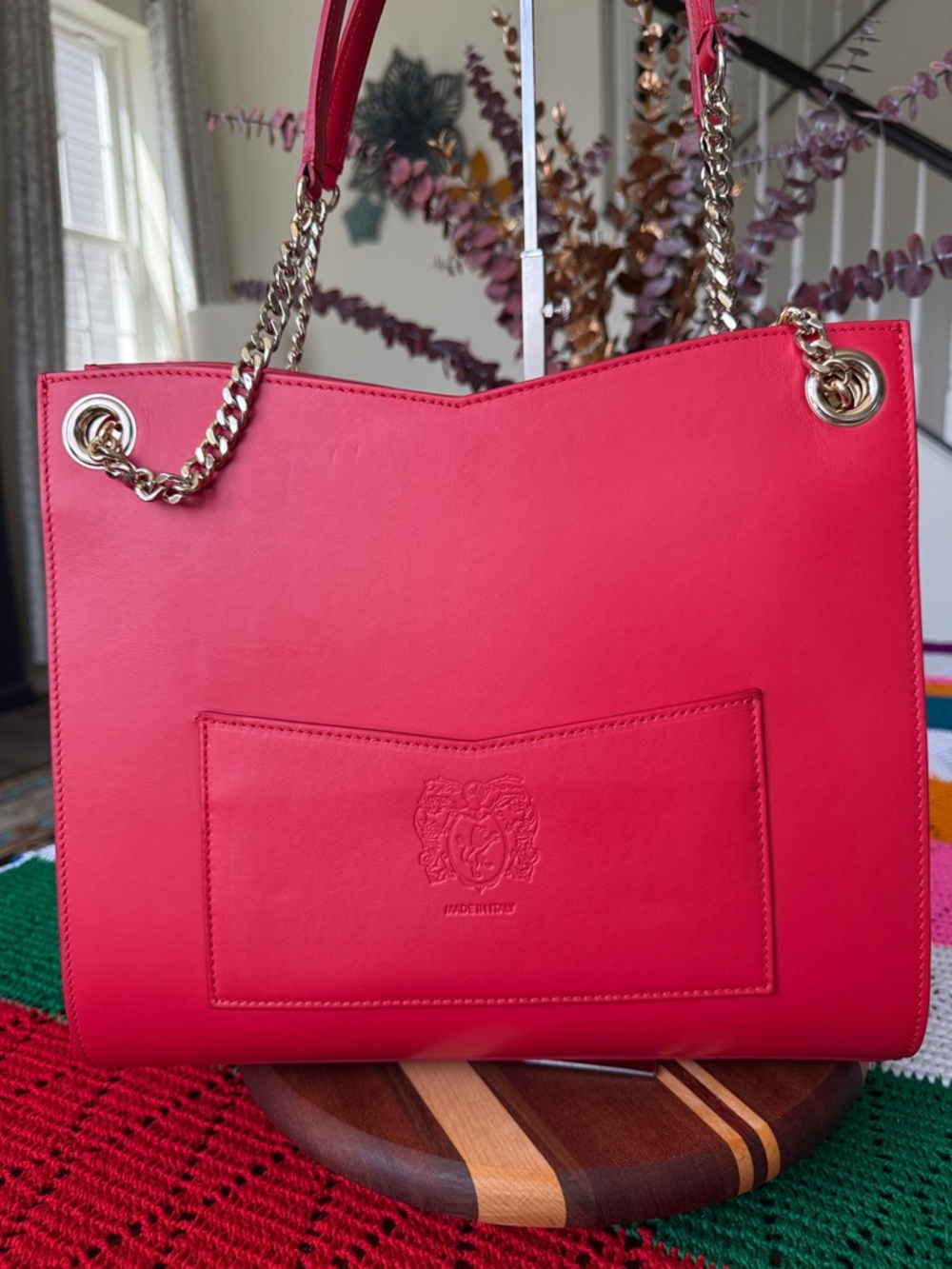 Bruno Magli Vibrant Red Leather Shoulder Bag with Gold Hardware - Picture 12 of 16